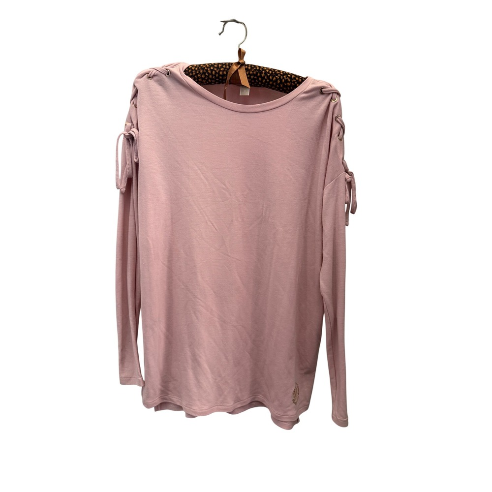 Michael Kors Womens Pink Lace Up Shoulder Long Sleeve Top Rhinestone Logo Medium